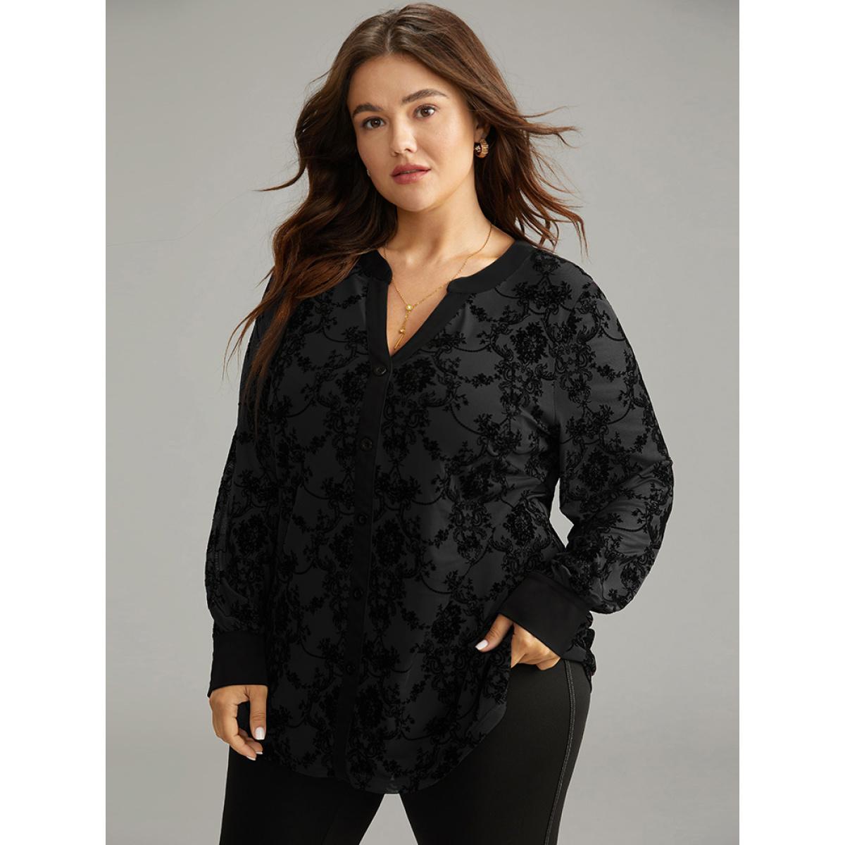 Plus Size DarkGreen Floral Print Mesh V Neck Blouse Women Elegant Long Sleeve V-neck Dailywear Blouses BloomChic 12/L Product Image