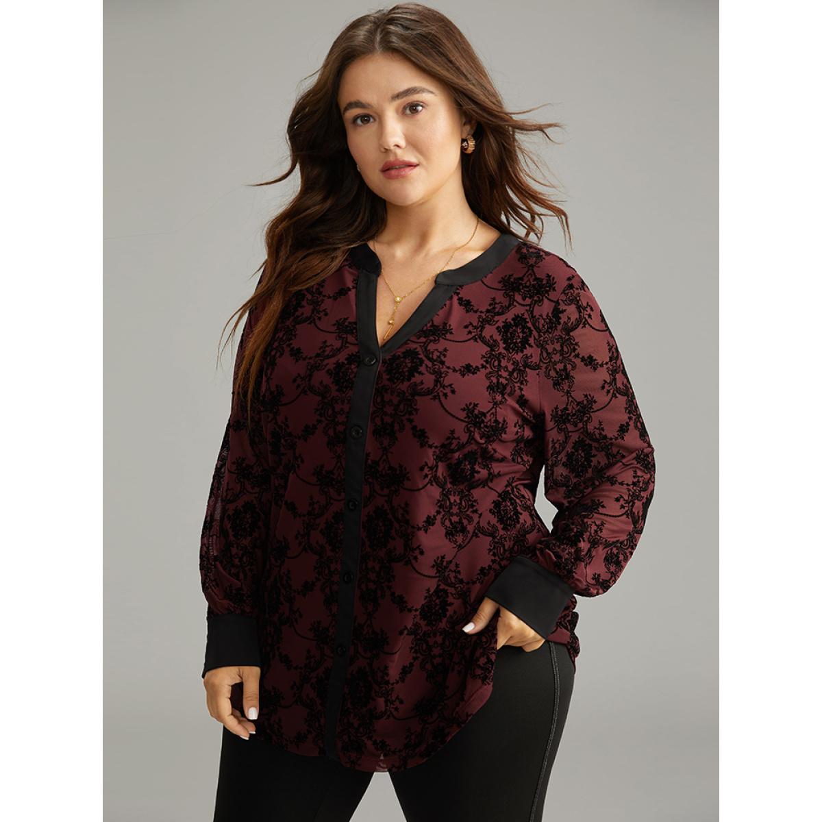 Plus Size DarkGreen Floral Print Mesh V Neck Blouse Women Elegant Long Sleeve V-neck Dailywear Blouses BloomChic 12/L Product Image