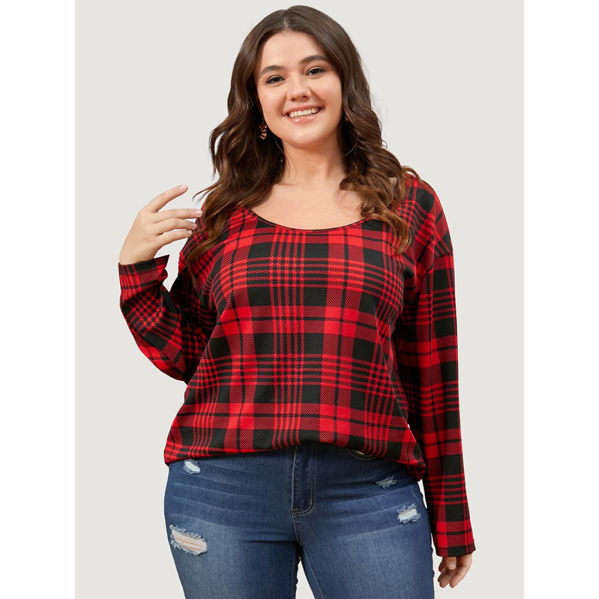 Plus Size Plaid Round Neck Bell Sleeve Sweatshirt Women Scarlet Elegant Round Neck Dailywear Sweatshirts BloomChic 12/L Product Image