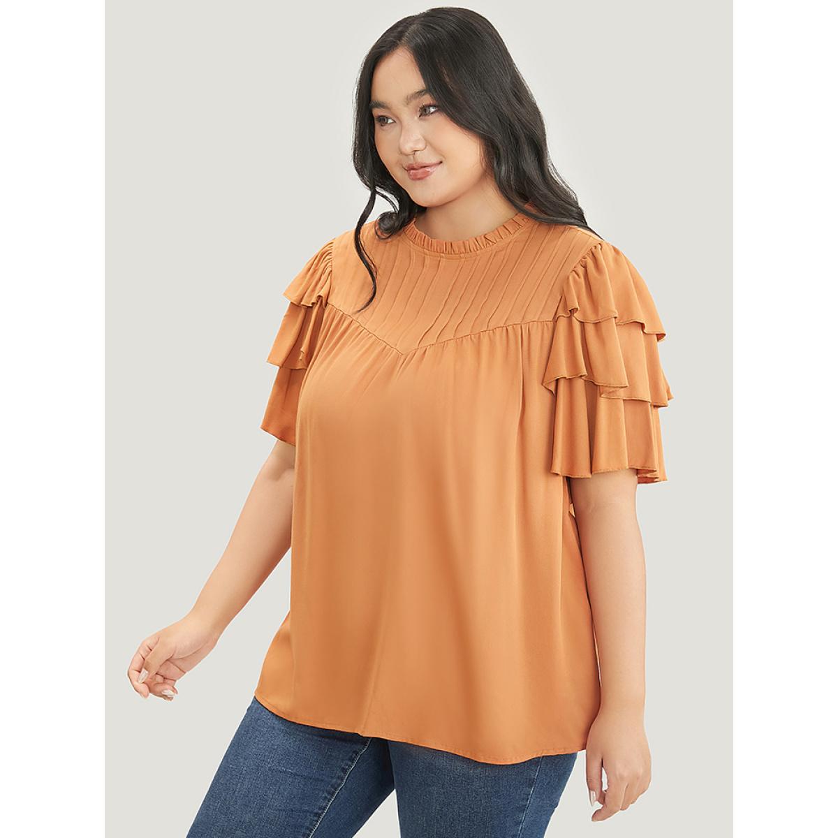 Plus Size Rust Solid Pleated Keyhole Ruffle Tiered Sleeve Frill Trim Blouse Women Elegant Short sleeve Round Neck Dailywear Blouses BloomChic 22-24/3X Product Image