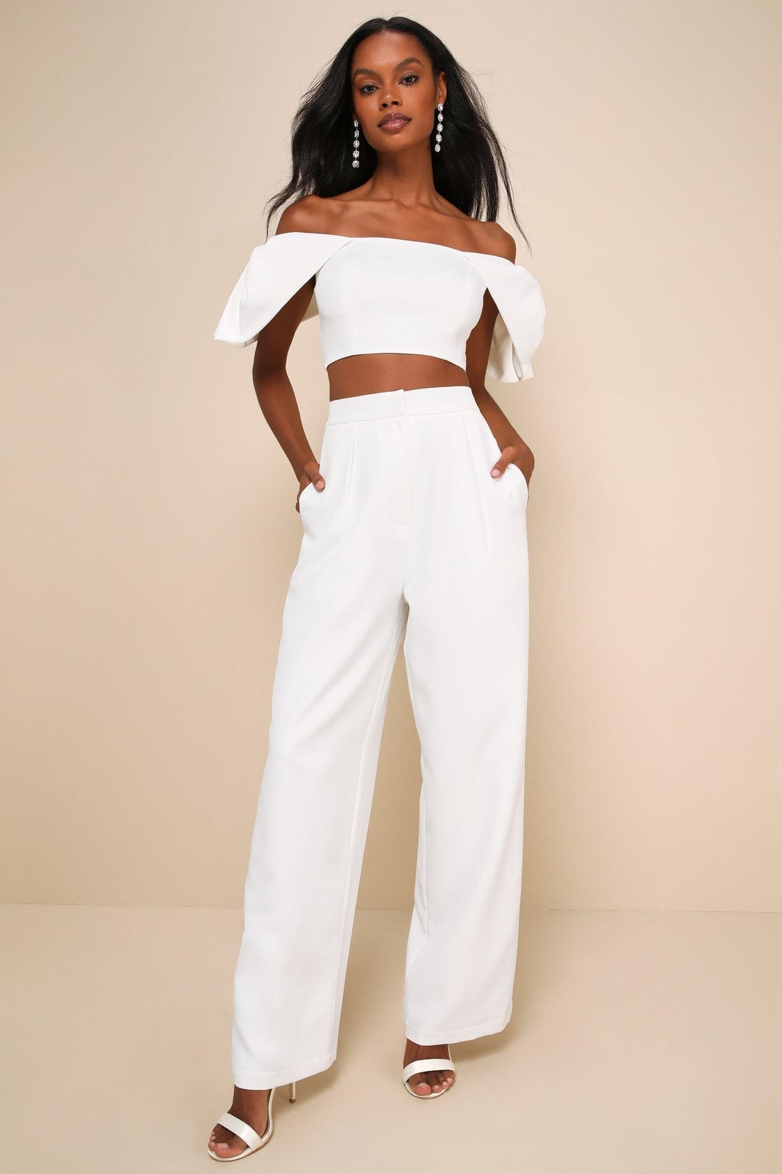 Captivating Entrance White Off-the-Shoulder Two-Piece Jumpsuit Product Image