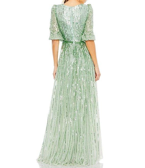 Mac Duggal Sequin Surplice V-Neck 3/4 Sleeve Embellished A-Line Gown Product Image