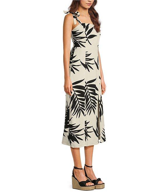 GB Tie Shoulder Tropical Palm Leaf Linen Blend Midi Dress Product Image