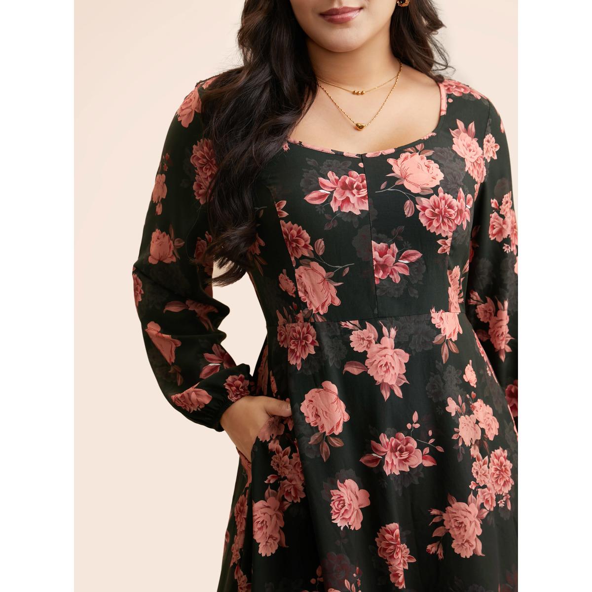 Plus Size Floral Lantern Sleeve Shirred Pocket Dress Black Women Elegant Shirred Boat Neck Long Sleeve Curvy BloomChic 18-20/2X Product Image