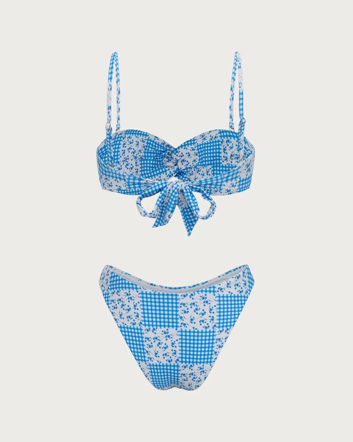Blue Knitted Plaid Floral Print Twist Bikini Set Product Image