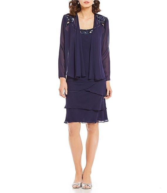 Ignite Evenings Sequin Detail Scoop Neck Long Sleeve Chiffon Tiered 2-Piece Jacket Dress Product Image