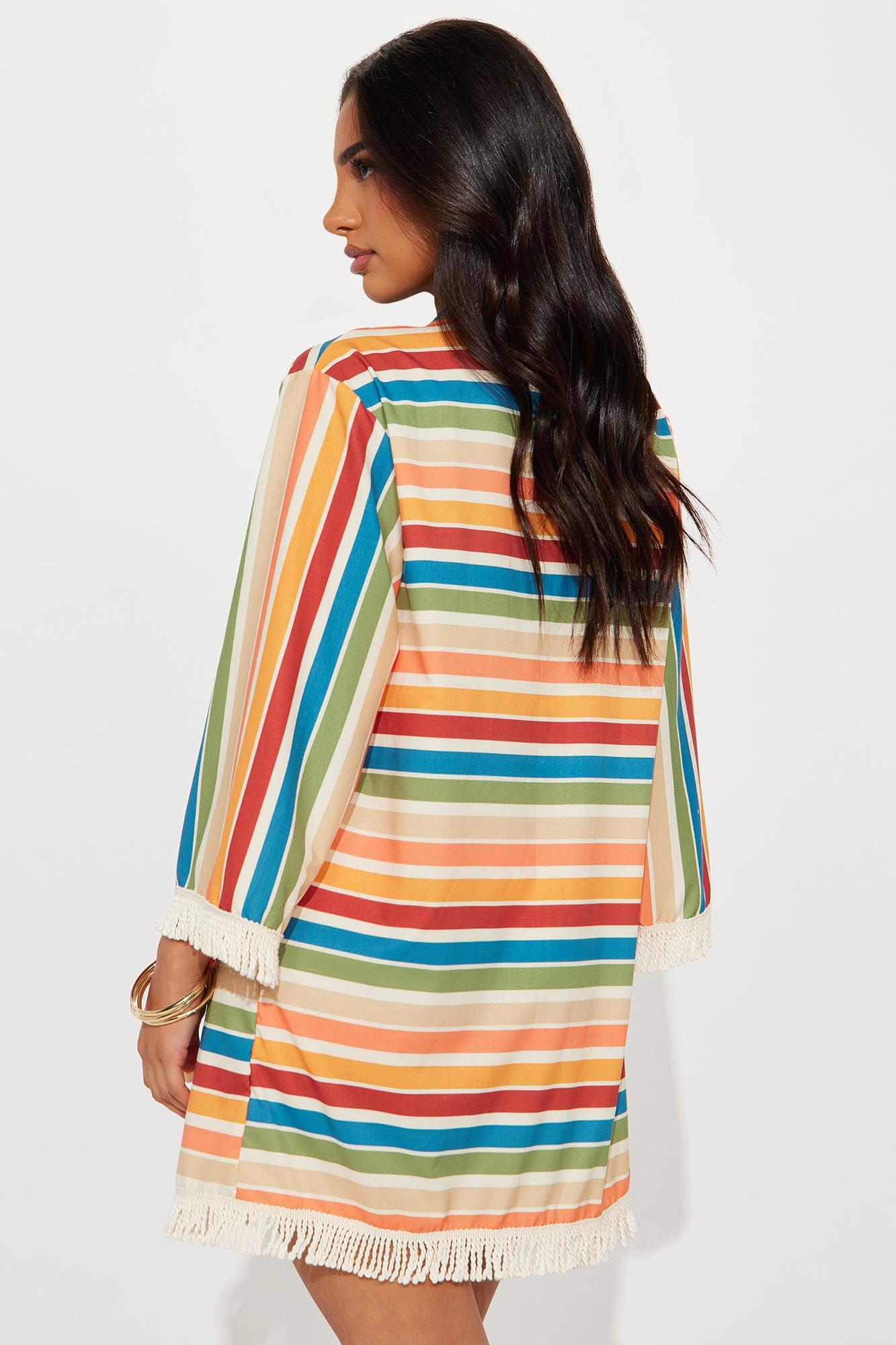 Sylvia Stripe Fringe 1 Piece Swimsuit & Kimono Set - Multi Color Product Image