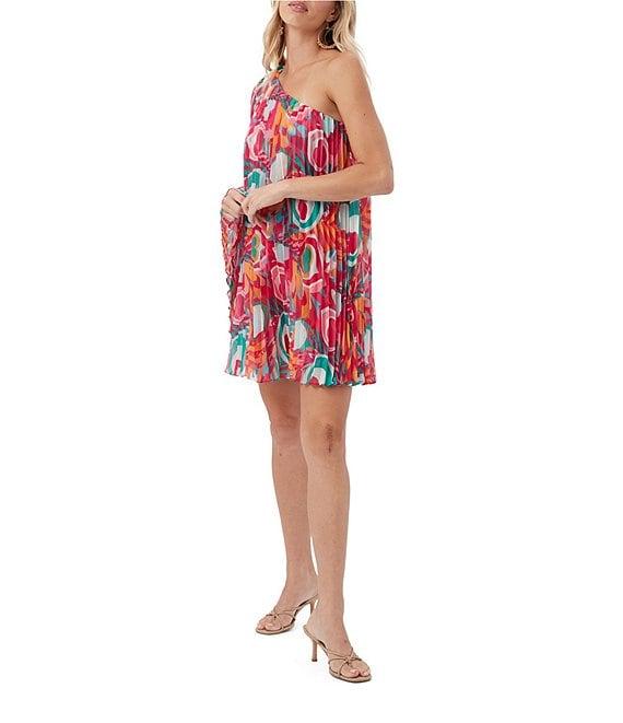 Trina Turk Narbonne Abstract Print Crinkle Georgette Pleated One Shoulder Dress Product Image