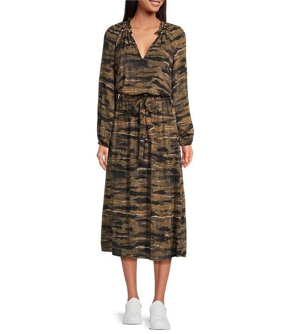 Cloth & Stone Ruffled V-Neck Animal Print Belted Midi Dress Product Image