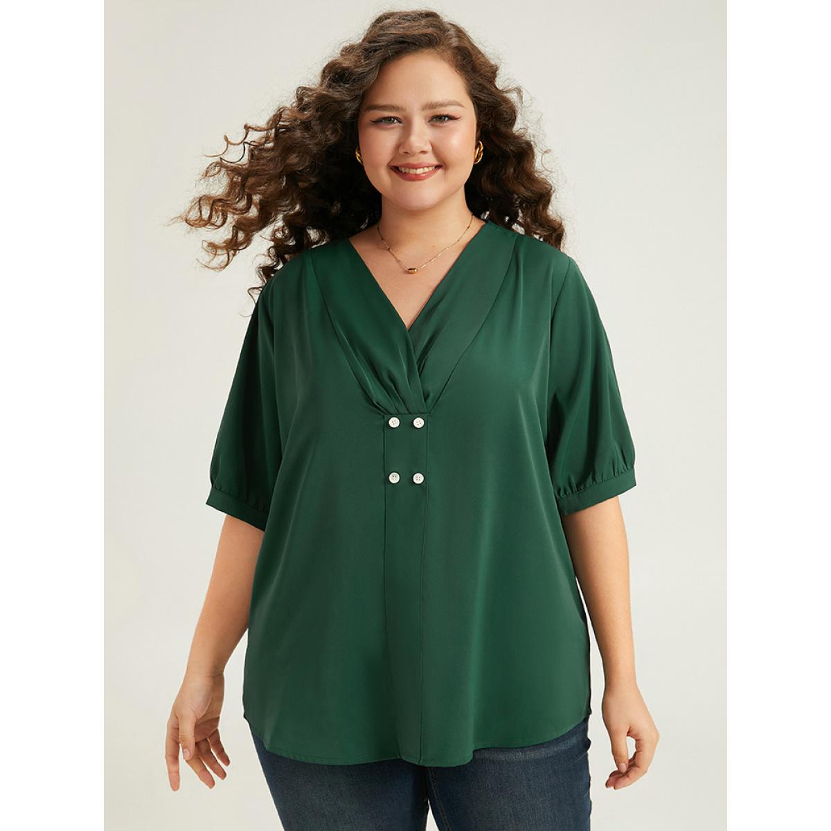 Plus Size DarkGreen Button Detail Plicated Detail Blouse Women Office Half Sleeve V-neck Work Blouses BloomChic 30/6X Product Image