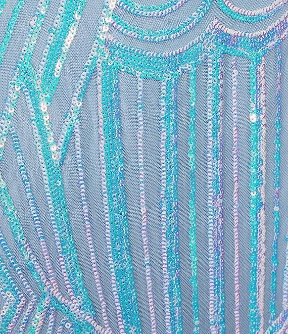 Blondie Nites Sequin Pattern Sweetheart Neck Spaghetti Strap Corset Tie Back Mesh Godet Gown Product Image