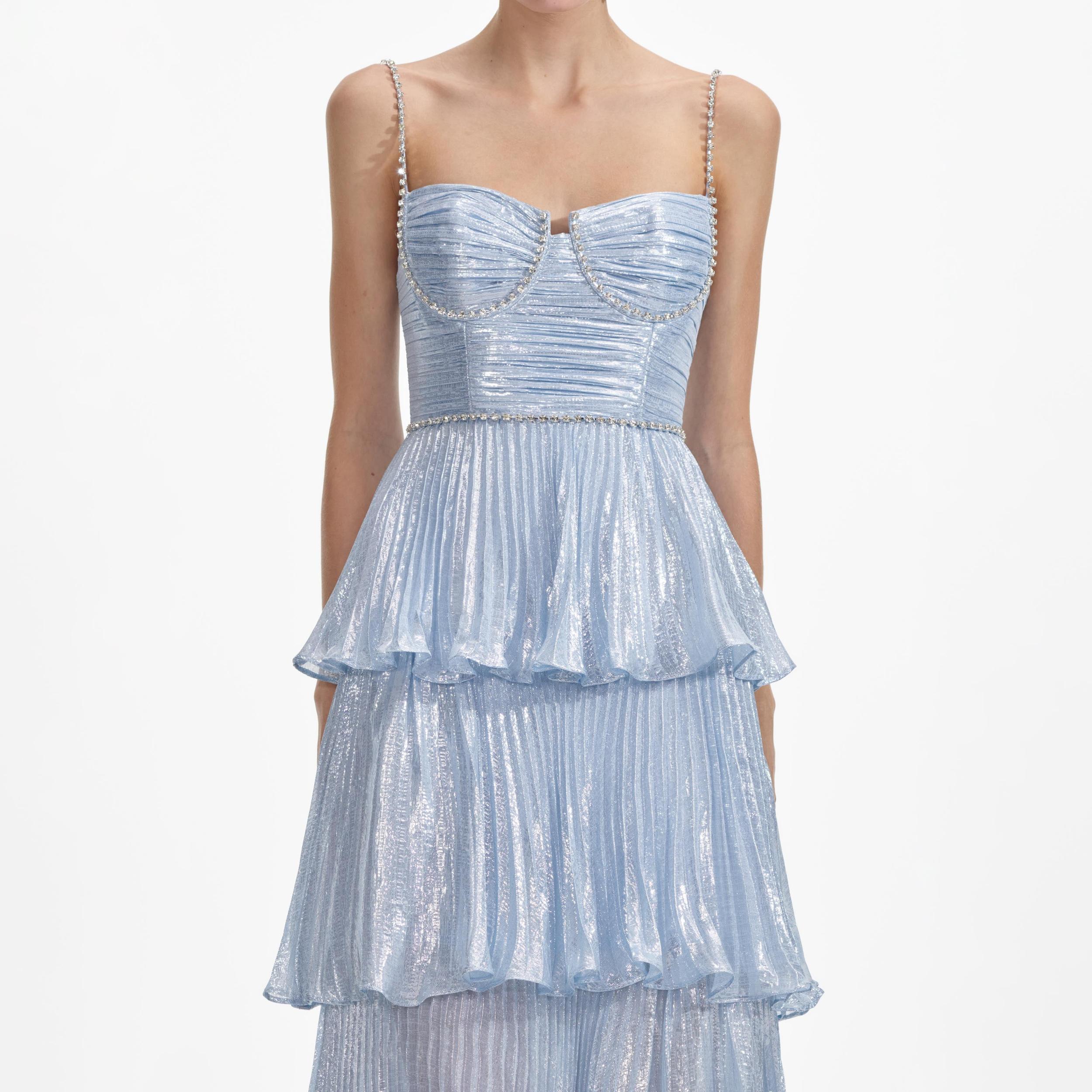 Blue Metallic Tiered Midi Dress Product Image