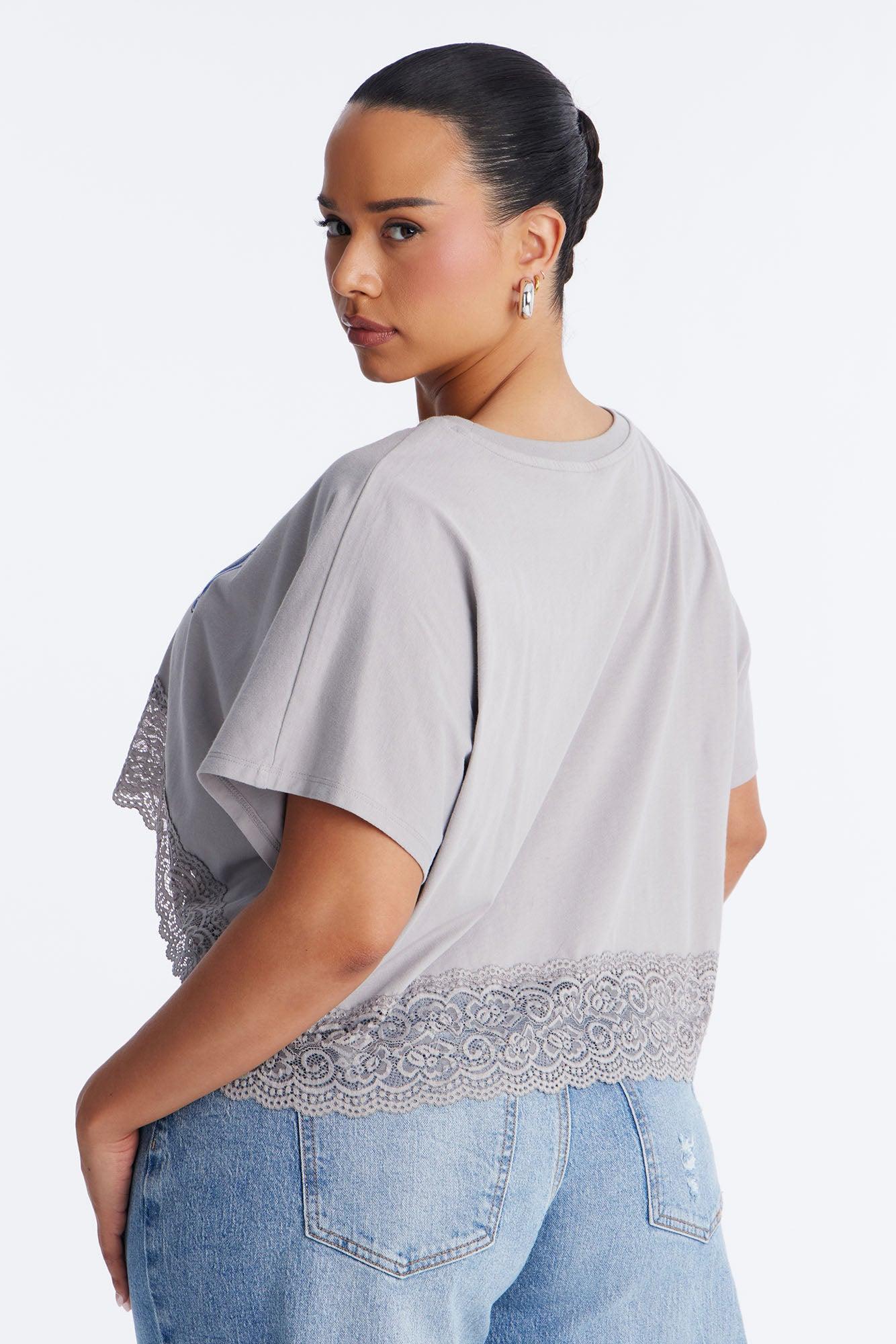 Aaliyah Cropped Lace Bottom Tee - Grey Female Product Image