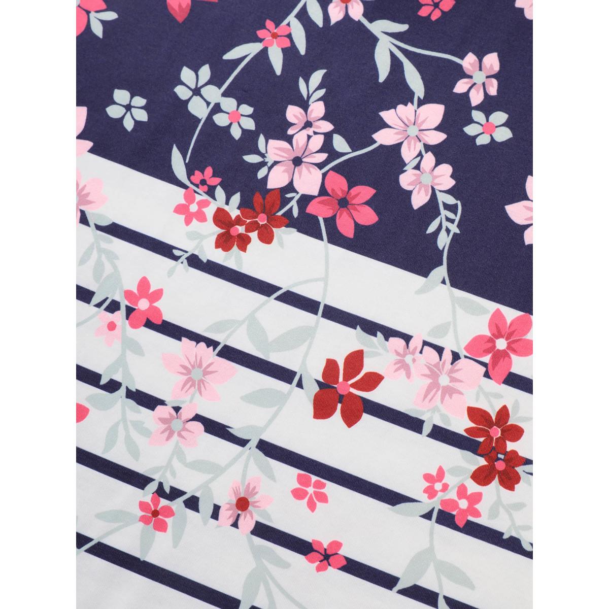 Plus Size Striped Contrast Boho Print Crew Neck T-shirt Indigo Women Casual Round Neck Everyday T-shirts BloomChic 18-20/2X Product Image