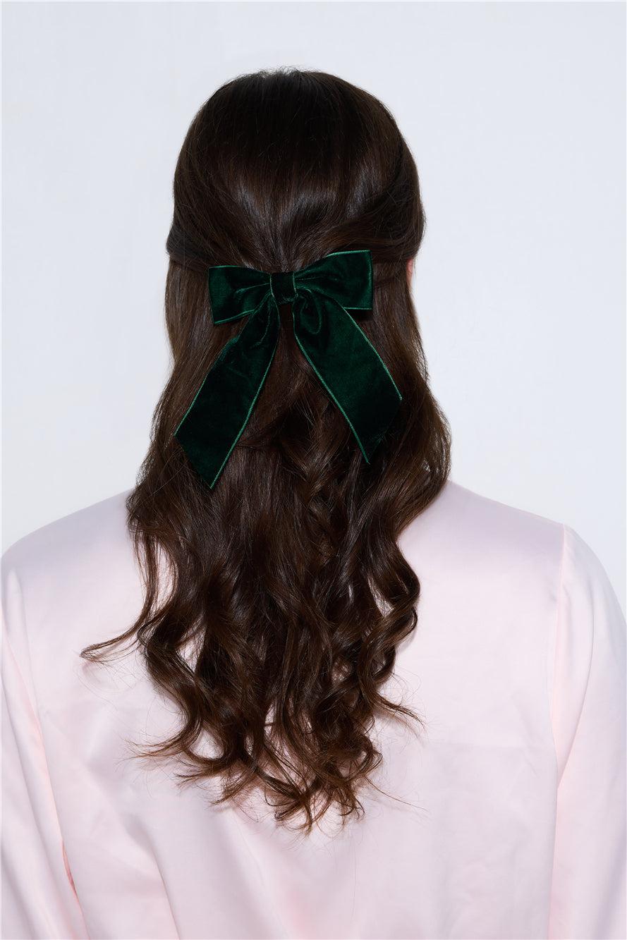 Velvet Bow Hair Clip Green Product Image