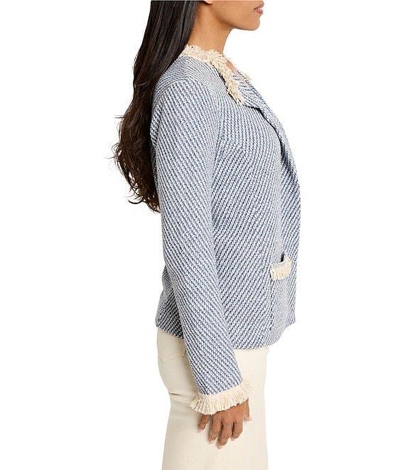 NIC + ZOE Neutral Fringe Trim Round Neck Long Sleeve Open Front Jacket Product Image