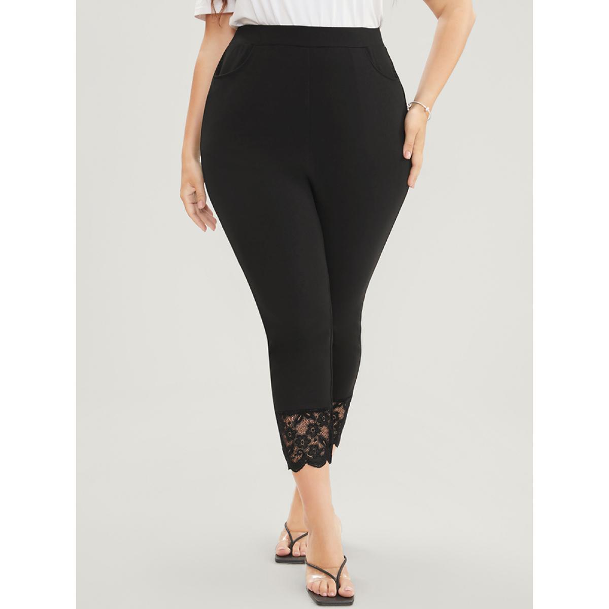 Plus Size Solid Scalloped Trim Elastic Waist Pocket Lace Hem Pants Women Black Elegant Bodycon High Rise Everyday Pants BloomChic 14-16/1X Product Image
