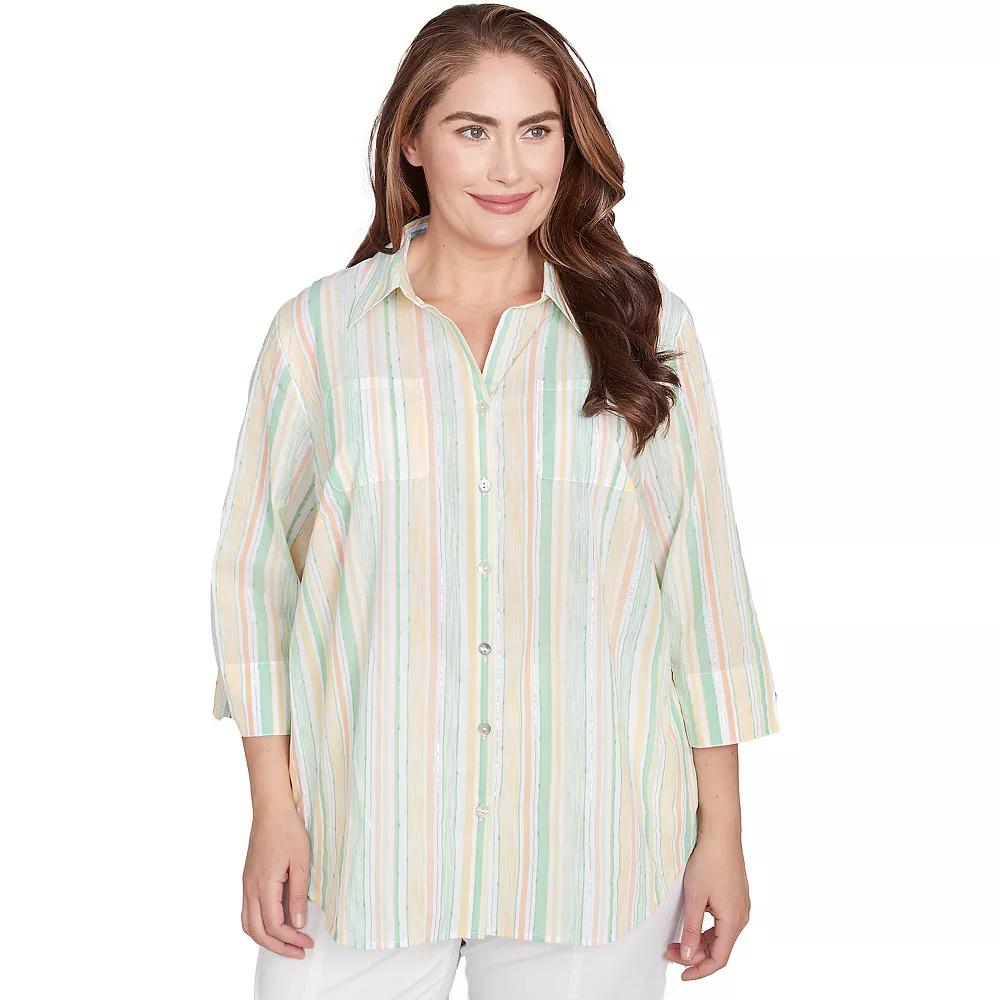 Plus Size Alfred Dunner Sunny Stripes Button Down Top, Women's, Size: 3XL, Green Team Product Image