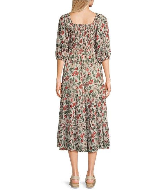 Angie Floral Print Sweetheart Neck 3/4 Sleeve Multi-Floral Smocked Bodice Midi Dress Product Image