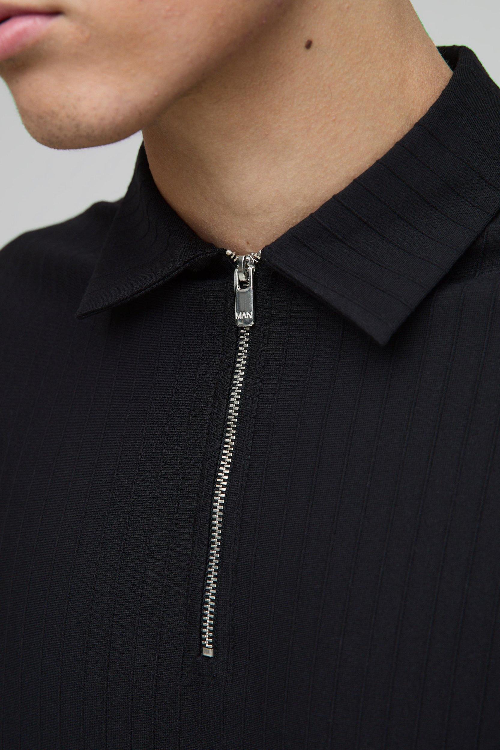 Slim Fit Zip Collar Textured Stripe Short Sleeve Polo | boohooMAN USA Product Image