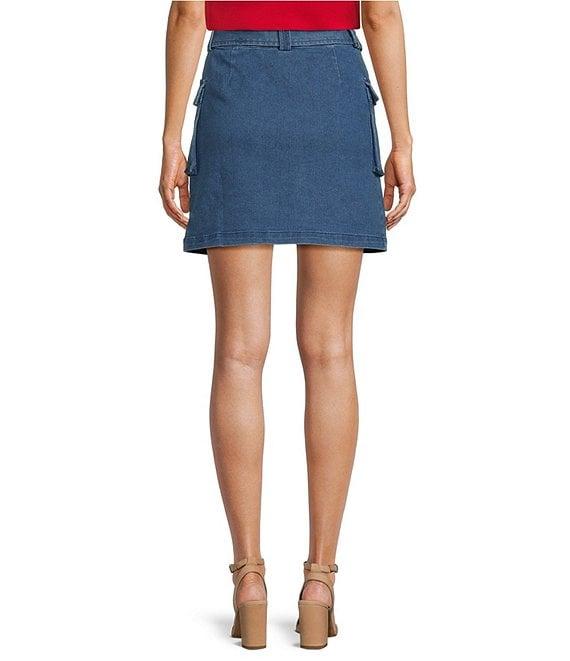 Skies Are Blue Stretch Denim Belted Cargo Mini Skirt Product Image
