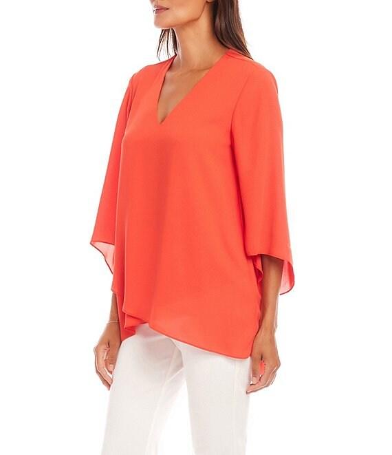 Karen Kane V-Neck 3/4 Sleeve Crossover Hem Silky Crepe Top Product Image