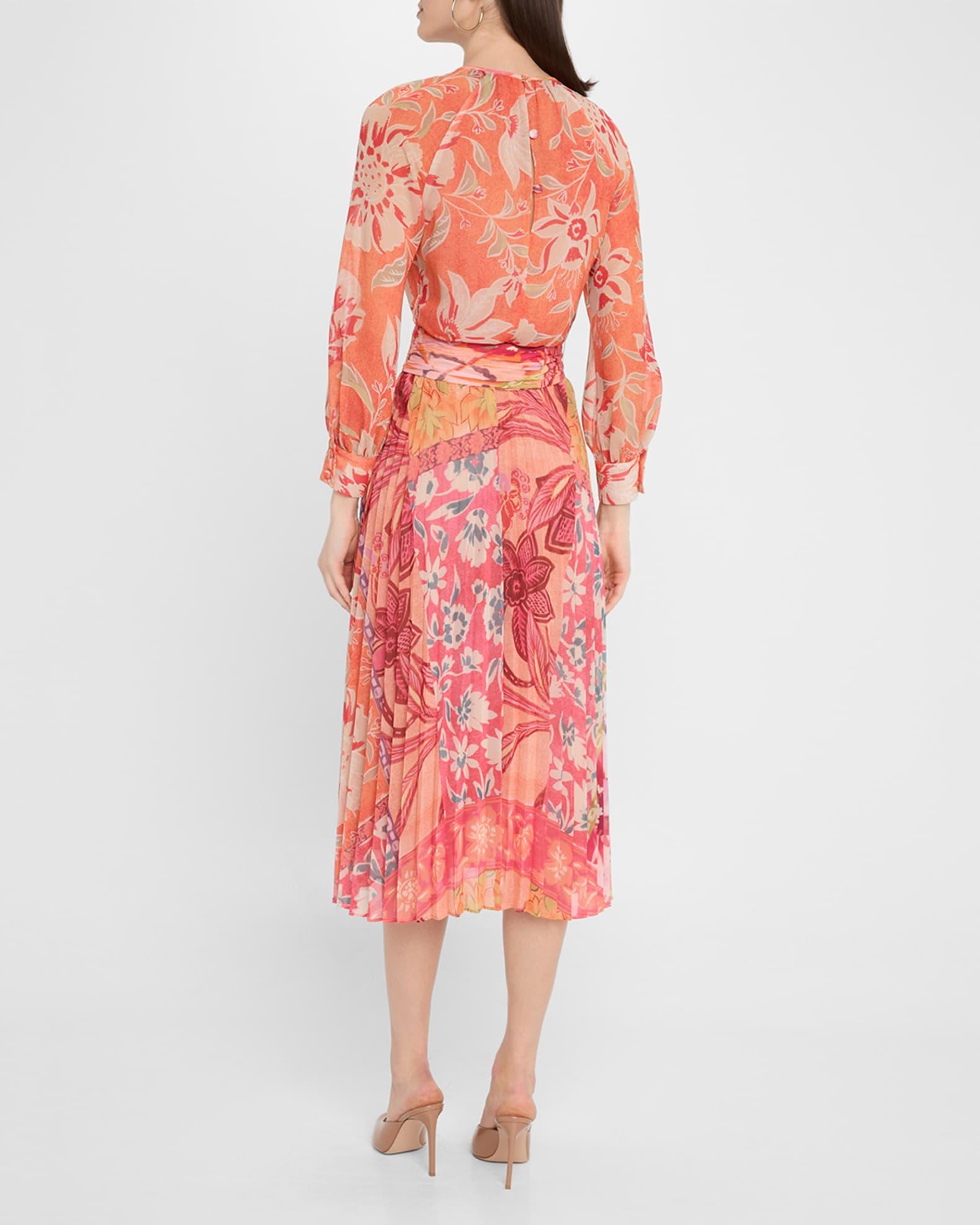 Pleated Patchwork-Print Chiffon Midi Dress Product Image
