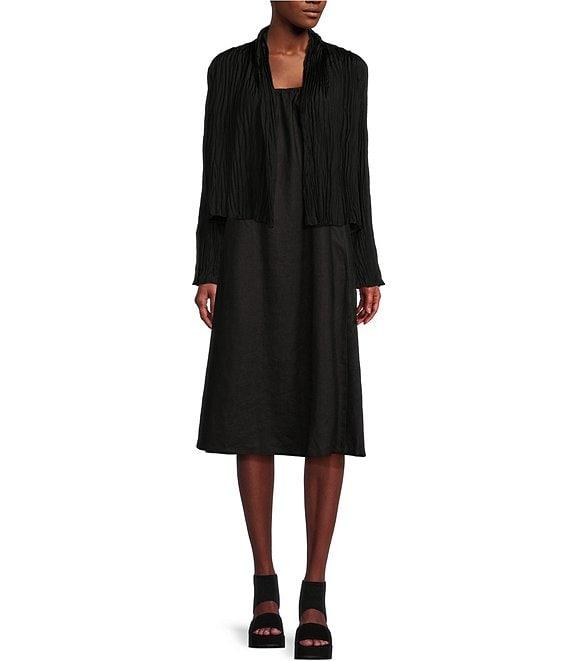 Eileen Fisher Crinkle Crushed Silk High Neck Long Sleeve Crop Length Jacket Product Image