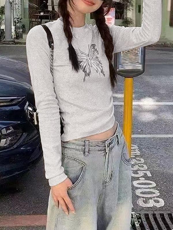 Vintage Butterfly Print Long Sleeve Tee Product Image