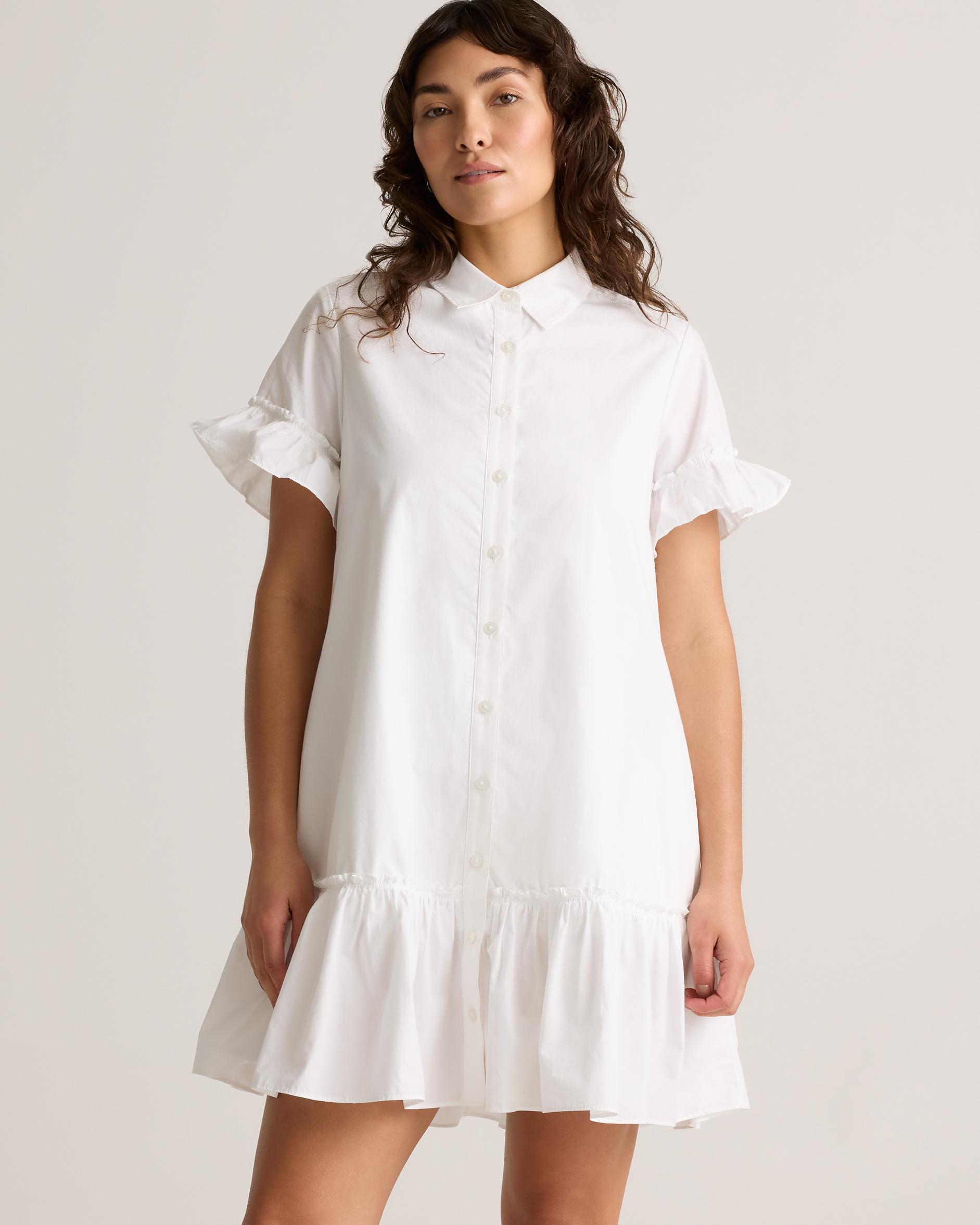 Quince | Women's Poplin Short Sleeve Ruffle Shirt Dress Organic Cotton Product Image