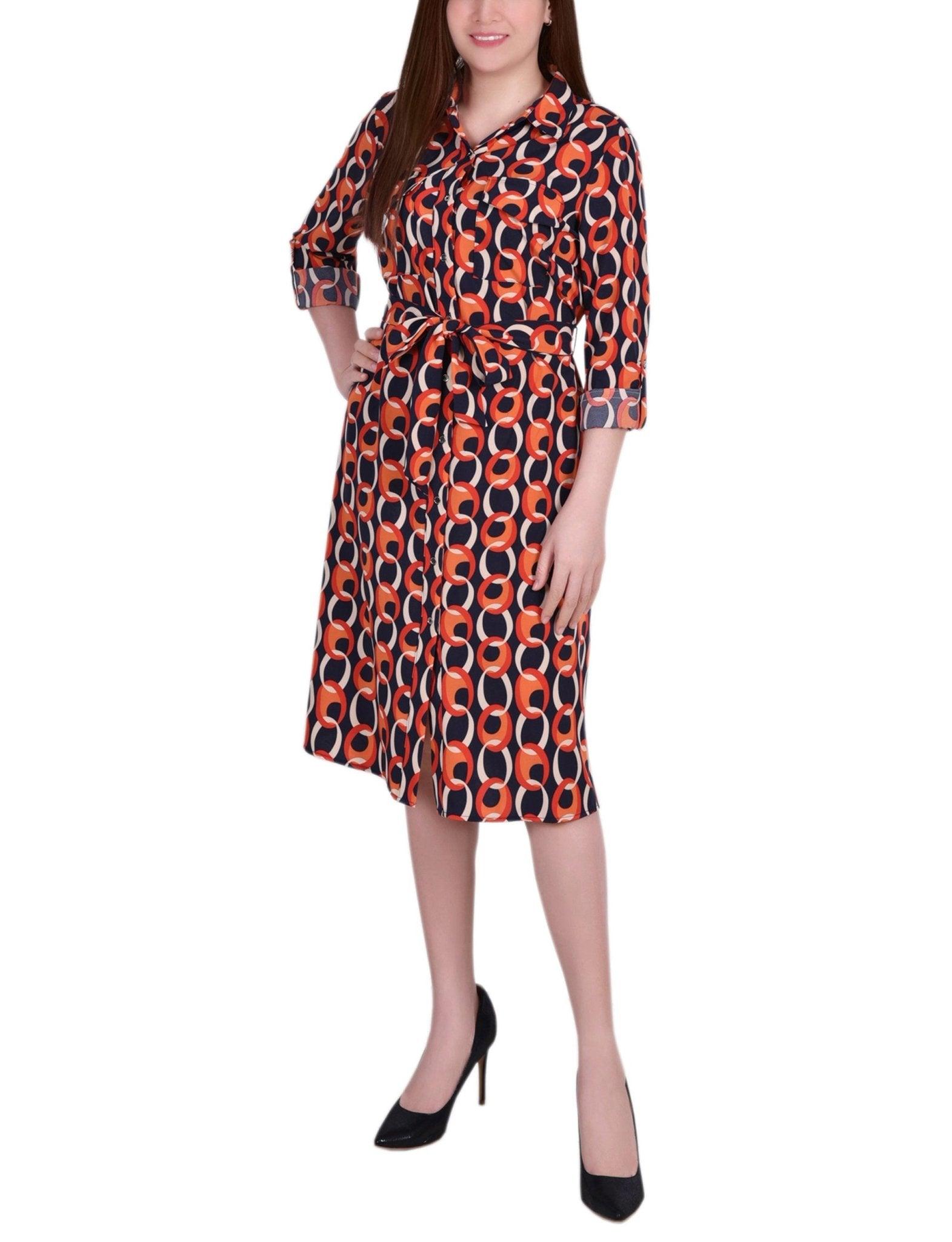 Cypress Inca Gold Navy Zigzag 3/4 Roll Tab Sleeve Belted Shirtdress - Petite Product Image