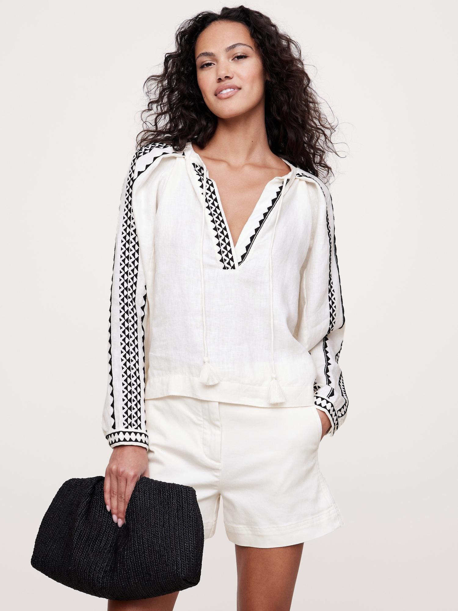 Embroidered Linen Peasant Blouse Product Image