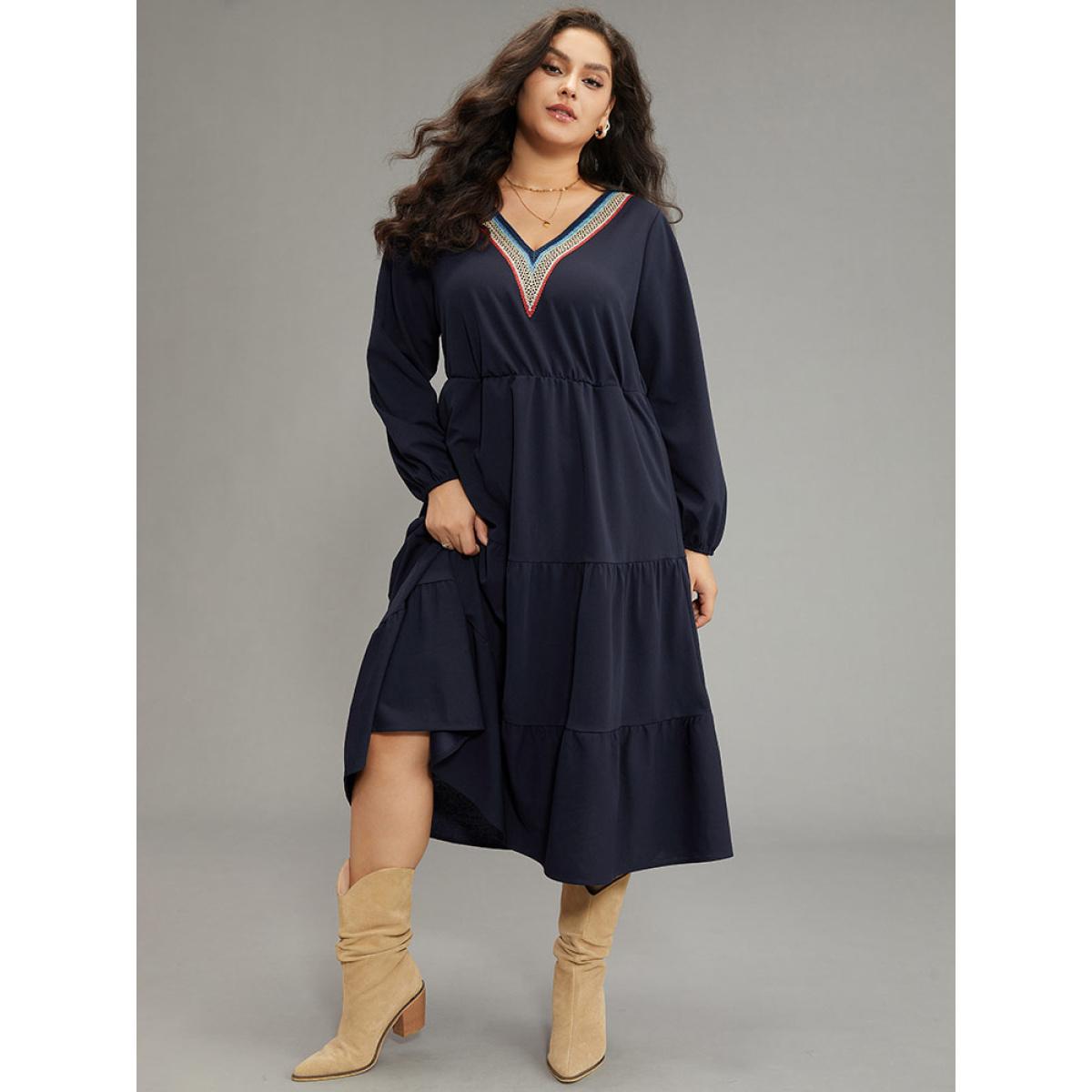 Plus Size Plain Contrast Webbing Elastic Waist Dress Midnight Women Casual Elastic cuffs V-neck Long Sleeve Curvy Midi Dress BloomChic 18-20/2X Product Image
