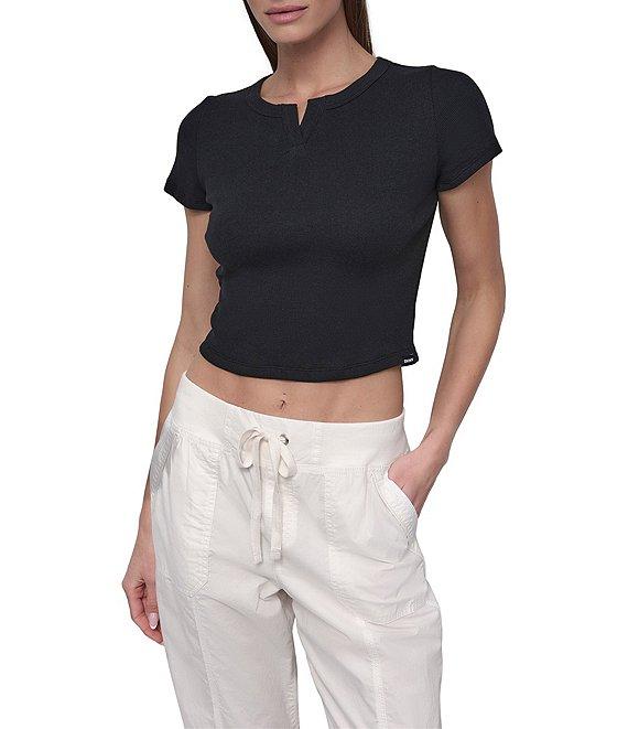 DKNY Sport by Donna Karan Ribbed Notched Crew Neck Short Sleeve Cropped Tee Product Image