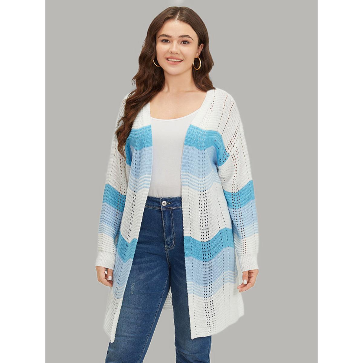 Plus Size Ombre Geo Eyelet Tunic Open Front Elastic Cuffs Cardigan Blue Women Casual Loose Long Sleeve Dailywear Cardigans BloomChic 14-16/1X Product Image
