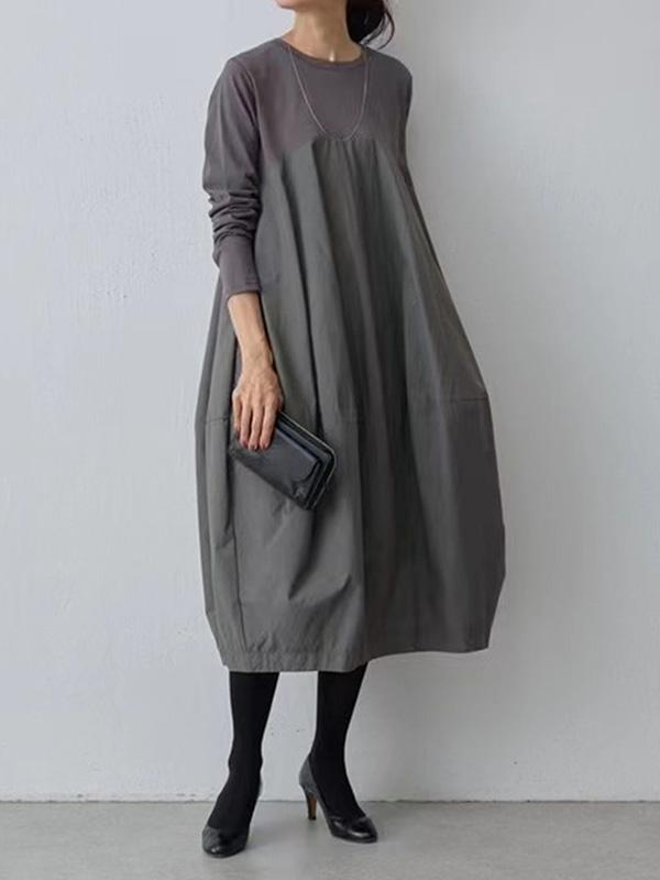 Long Sleeves Loose Split-Joint Round-Neck Midi Dresses Product Image