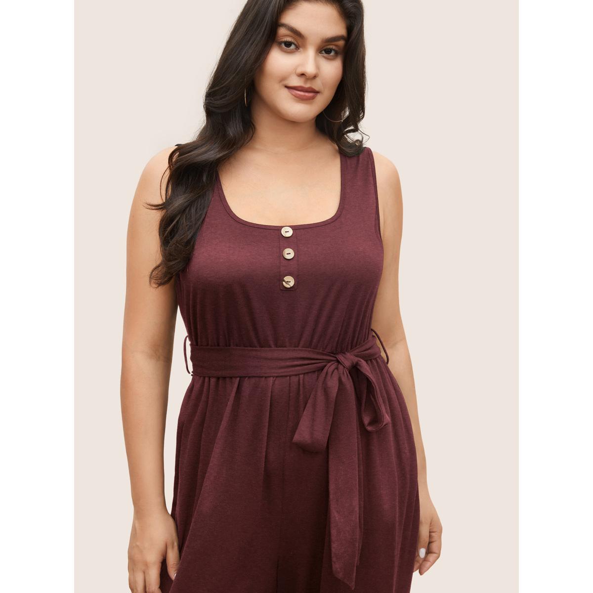 Plus Size Rust Supersoft Essentials Plain Button Detail Belted Jumpsuit Women Leisure Sleeveless Non Casual Loose Jumpsuits BloomChic 22-24/3X Product Image