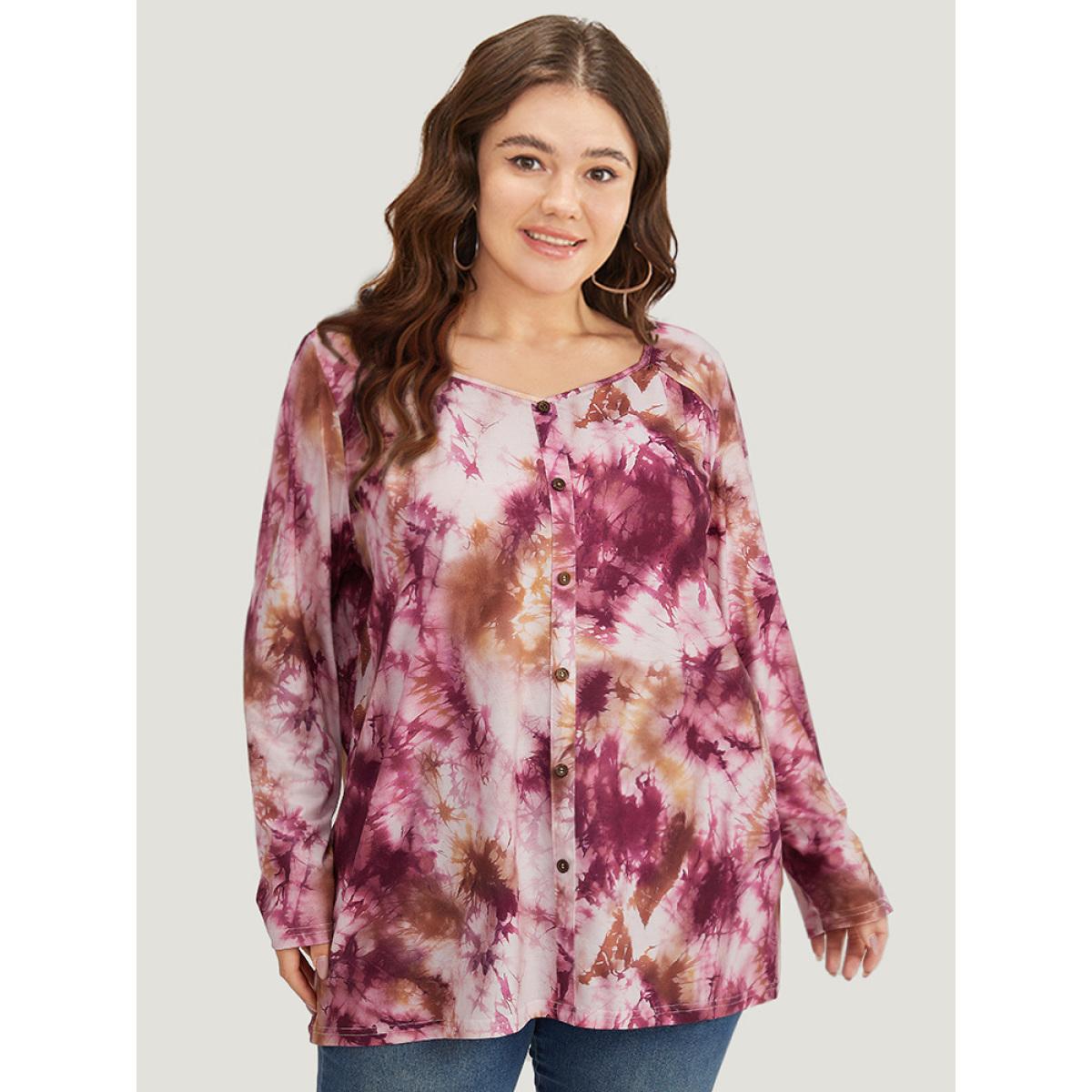 Plus Size Tie Dye Button Detail Round Neck T-shirt Multicolor Women Casual Tie Dye Tie Dye Round Neck Dailywear T-shirts BloomChic 26/4X Product Image