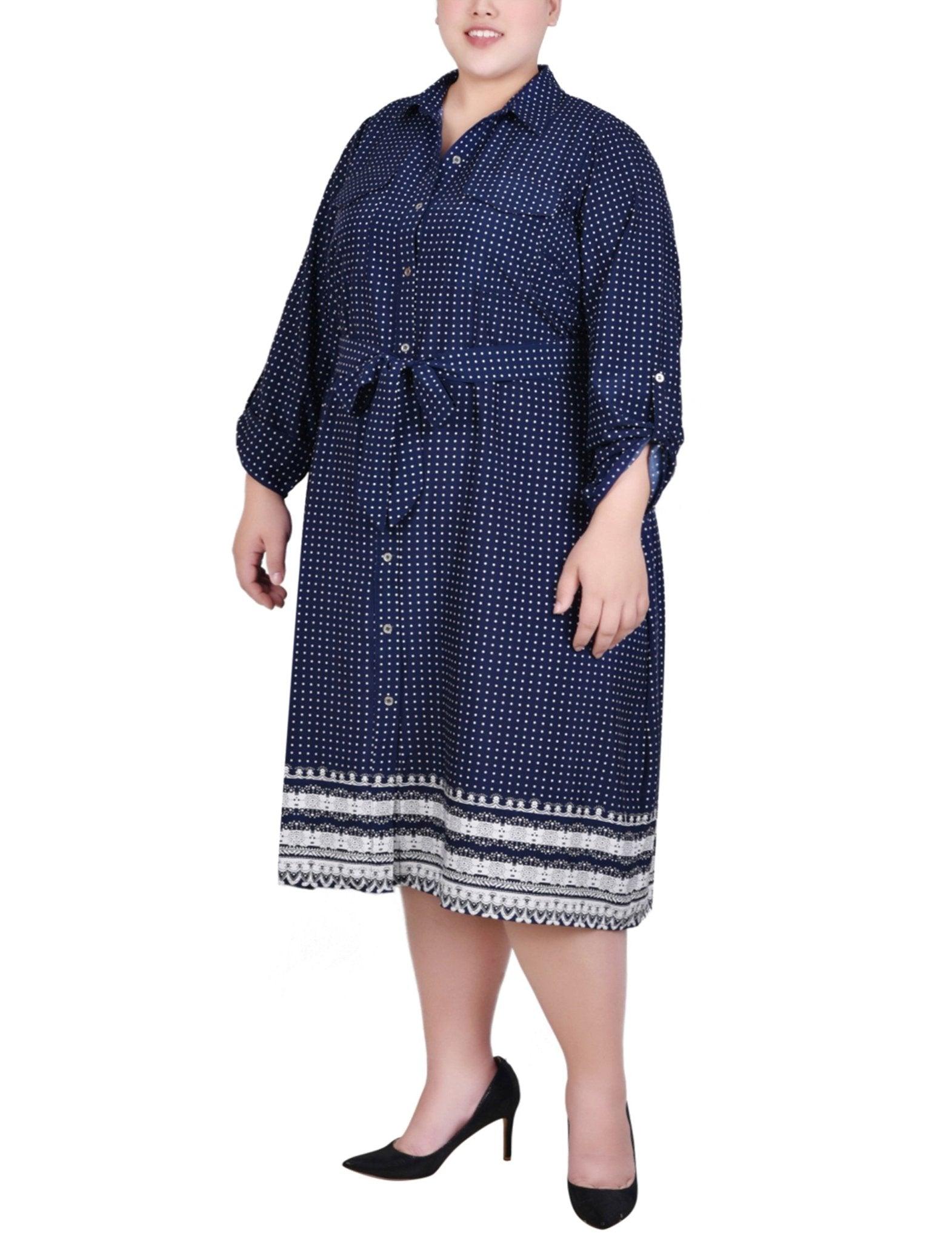 Navy Border 3/4 Roll Tab Sleeve Belted Shirtdress - Plus Product Image