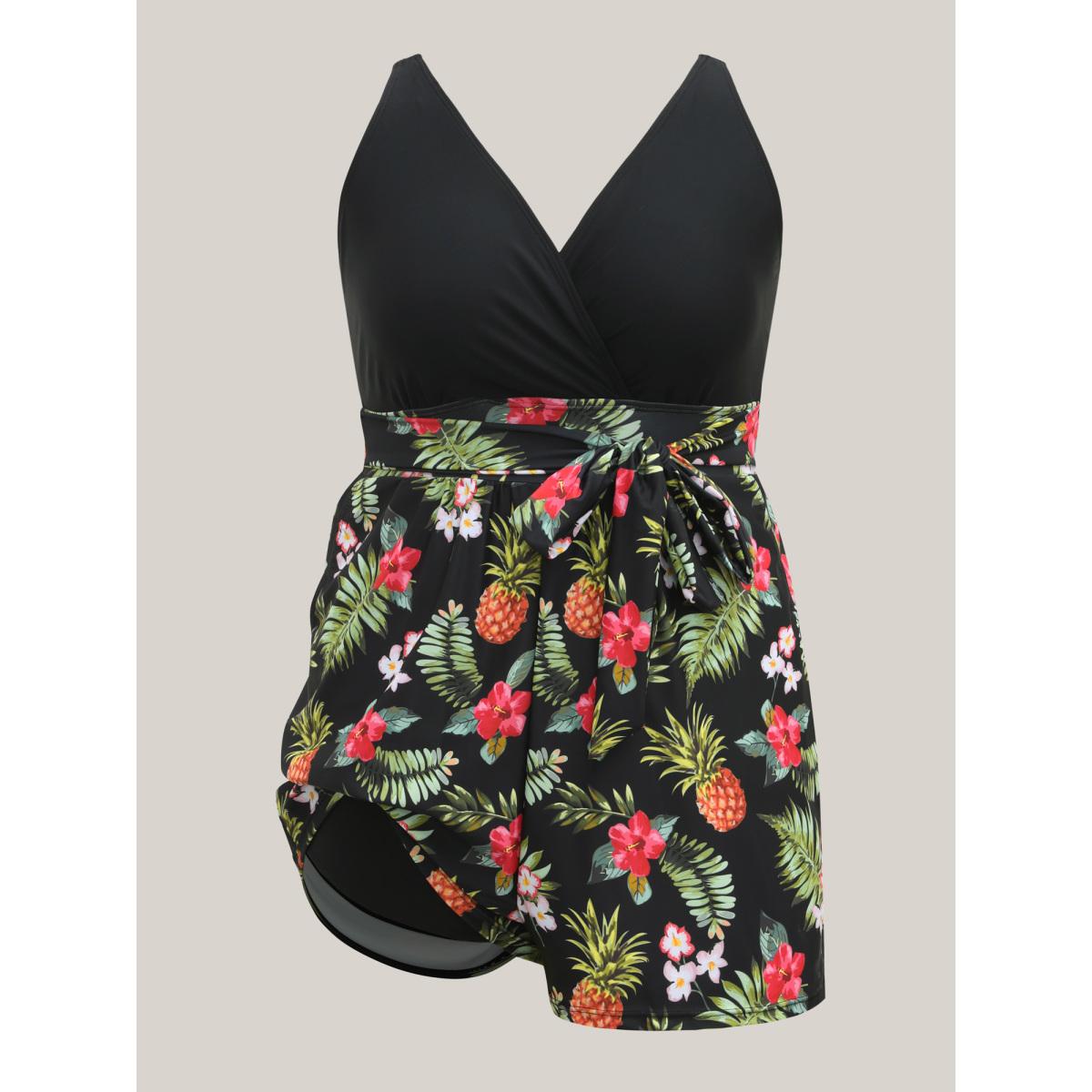 Plus Size Tropical Floral Pockets One-Piece Swimsuit Women's Swimwear Black Resort Tie knot Curve Bathing Suits High stretch One Pieces BloomChic 18-20/2X Product Image