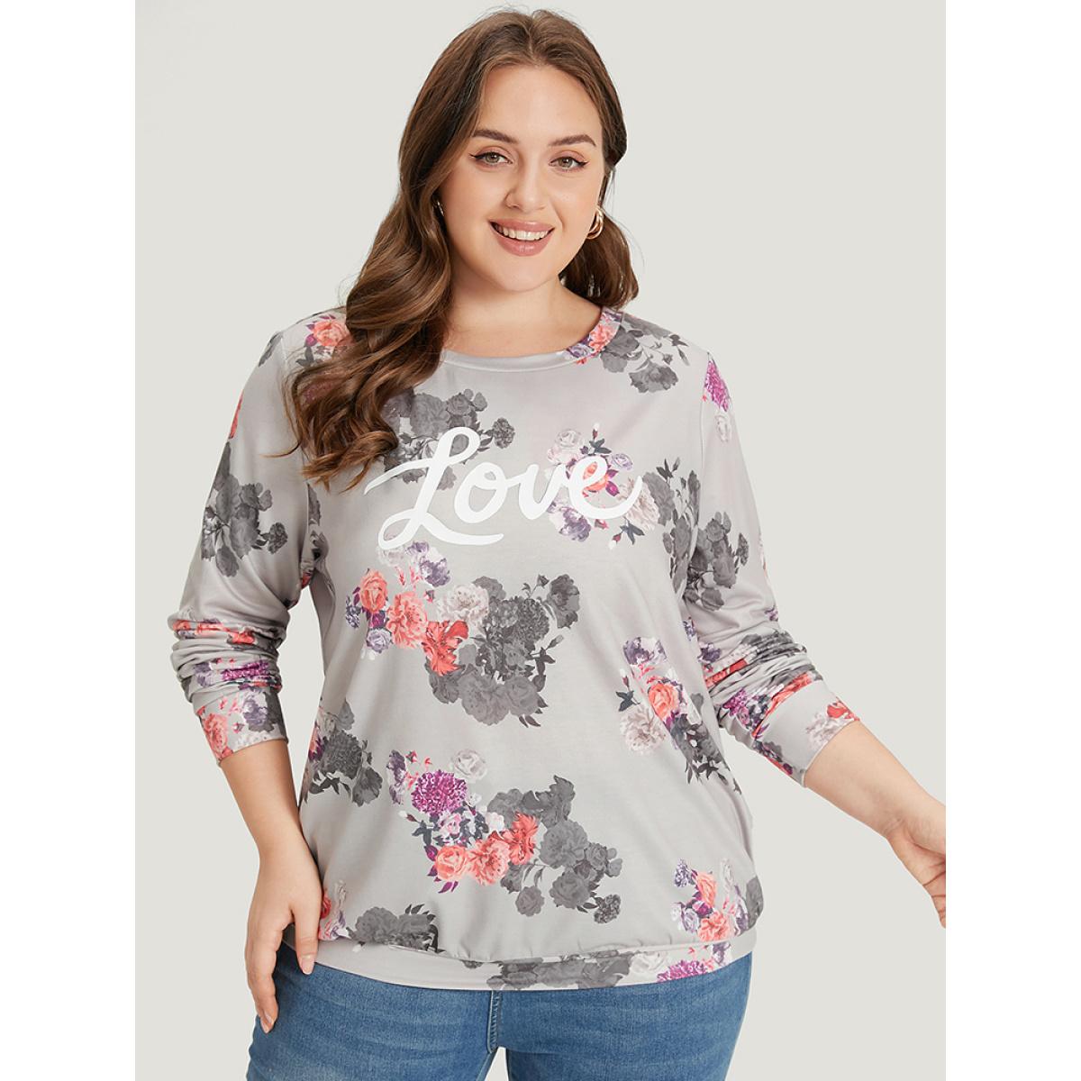 Plus Size Letter & Floral Print Crew Neck Sweatshirt Women Multicolor Elegant Printed Round Neck Dailywear Sweatshirts BloomChic 22-24/3X Product Image