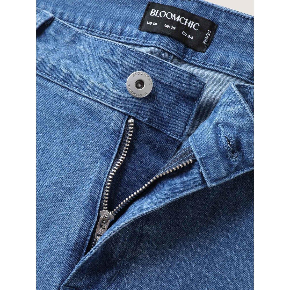 Plus Size Wavy Embroidered Hem Mid Rise Jeans Women Denimblue Medium stretch Slanted pocket Jeans BloomChic 30/6X Product Image