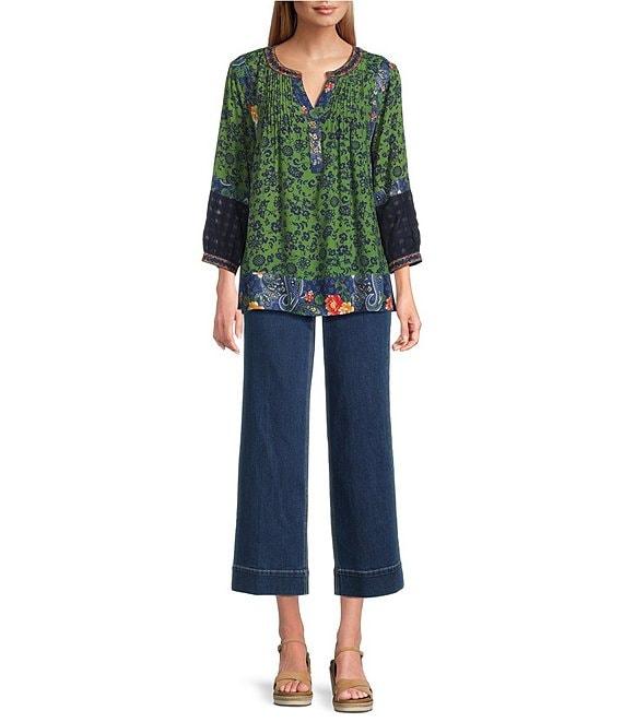 John Mark Embroidered Printed Y-Neck 3/4 Sleeve Pintuck Peasant Tunic Product Image