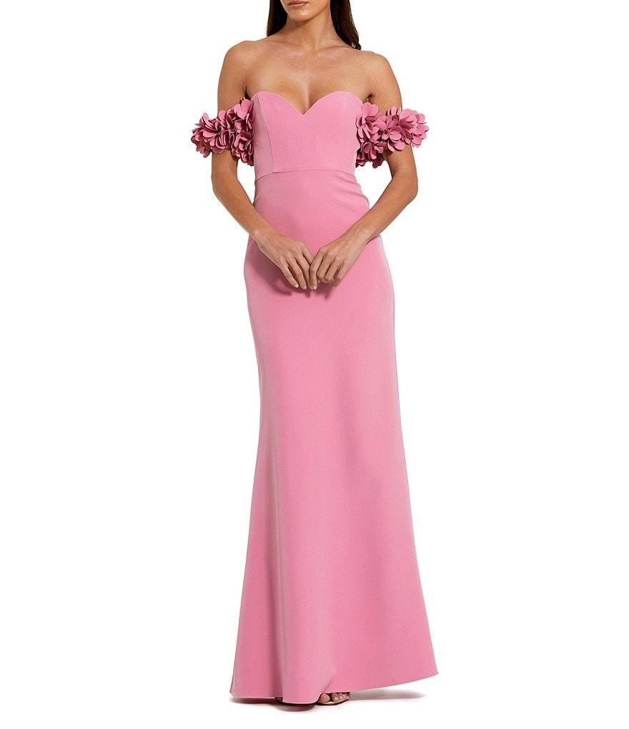 Mac Duggal Crepe Off-The-Shoulder Neck Draped Sleeve 3D Flower Gown Product Image
