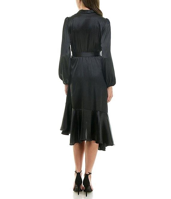 Moda Tara Satin V Neck Long Sleeve Tie Sash Asymmetrical Hemline Wrap Midi Dress Product Image