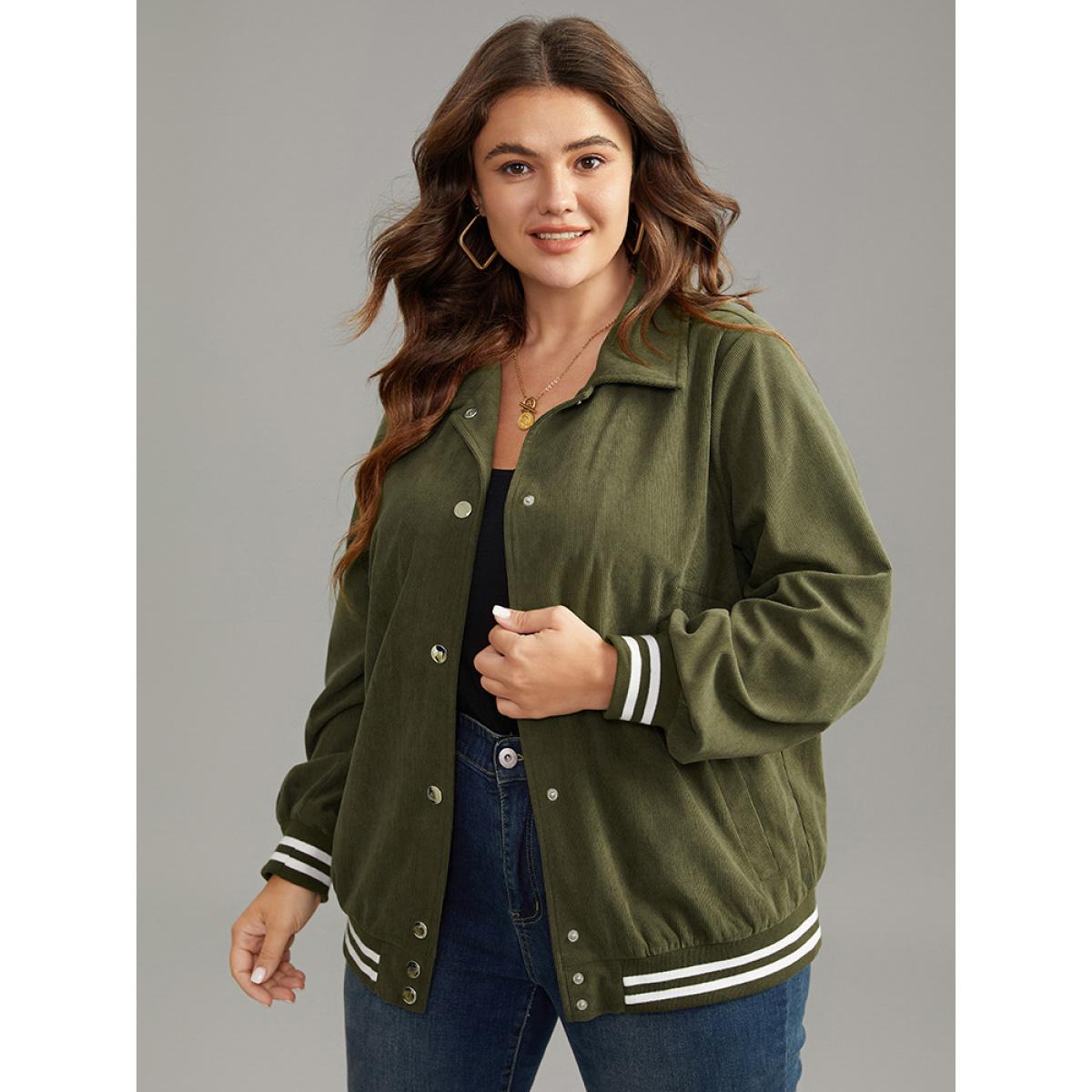 Plus Size Corduroy Striped Trim Button Up Jacket Women ArmyGreen Elastic cuffs Pocket Dailywear Jackets BloomChic 14-16/1X Product Image