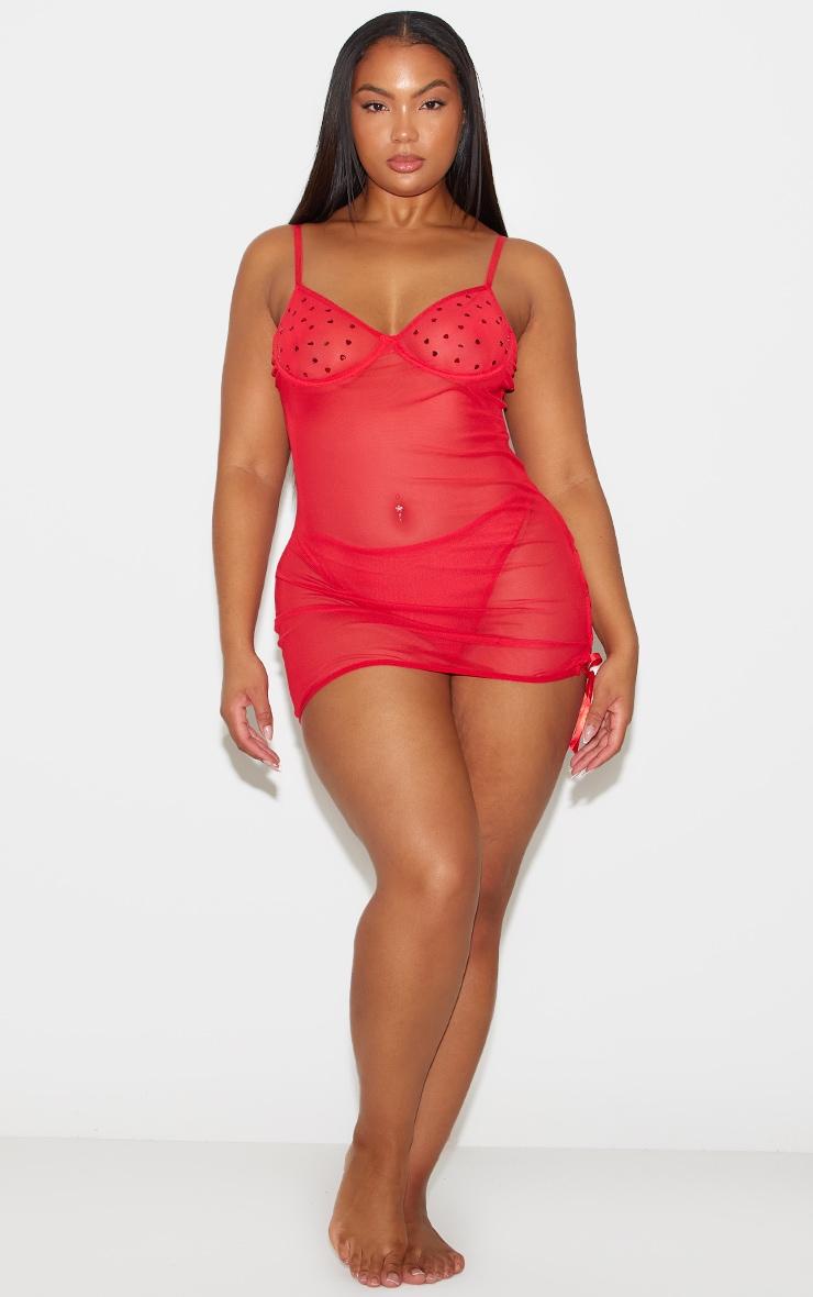 Plus Red Mesh Diamante Heart Underwired Lace Up Slip Dress Product Image