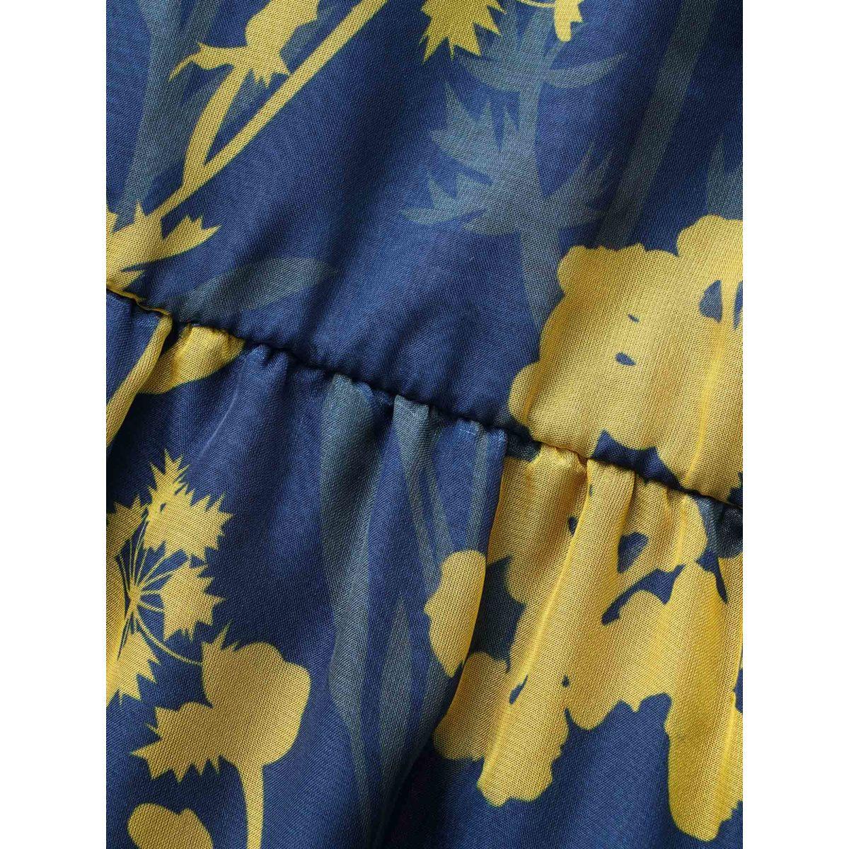 Plus Size V Neck Silhouette Floral Print Mesh Dress Navy Women Elegant Gathered V-neck Long Sleeve Curvy BloomChic 12/L Product Image