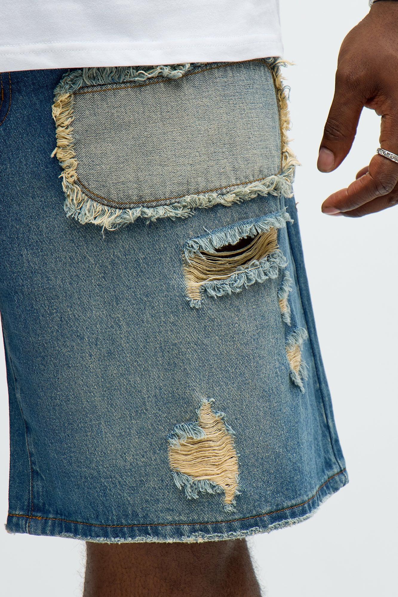 Relaxed Patches With Fray Distressed Denim Shorts - Vintage Blue Wash Male Product Image
