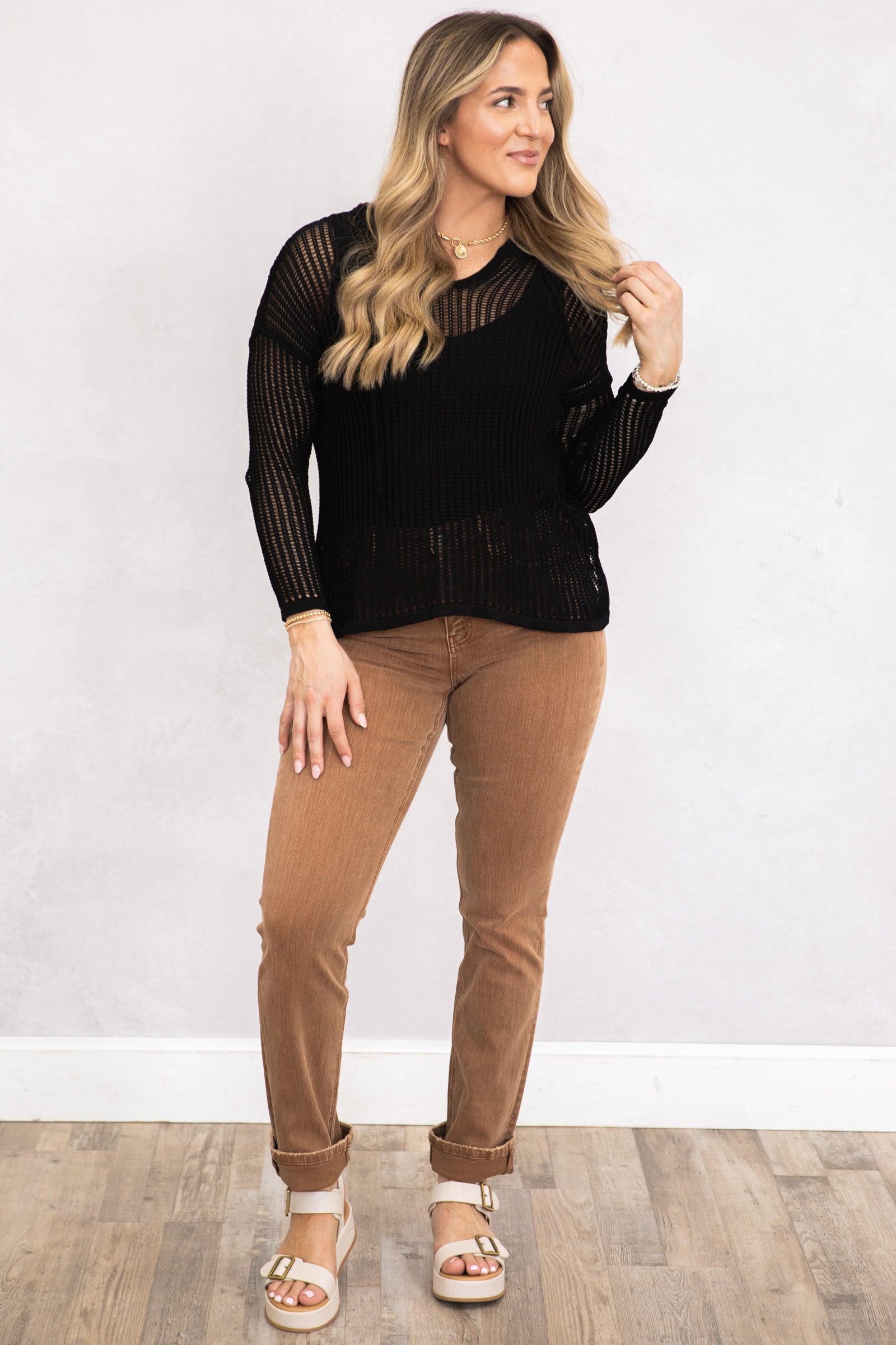 Black Lightweight Crochet Hoodie Tunic Top Product Image